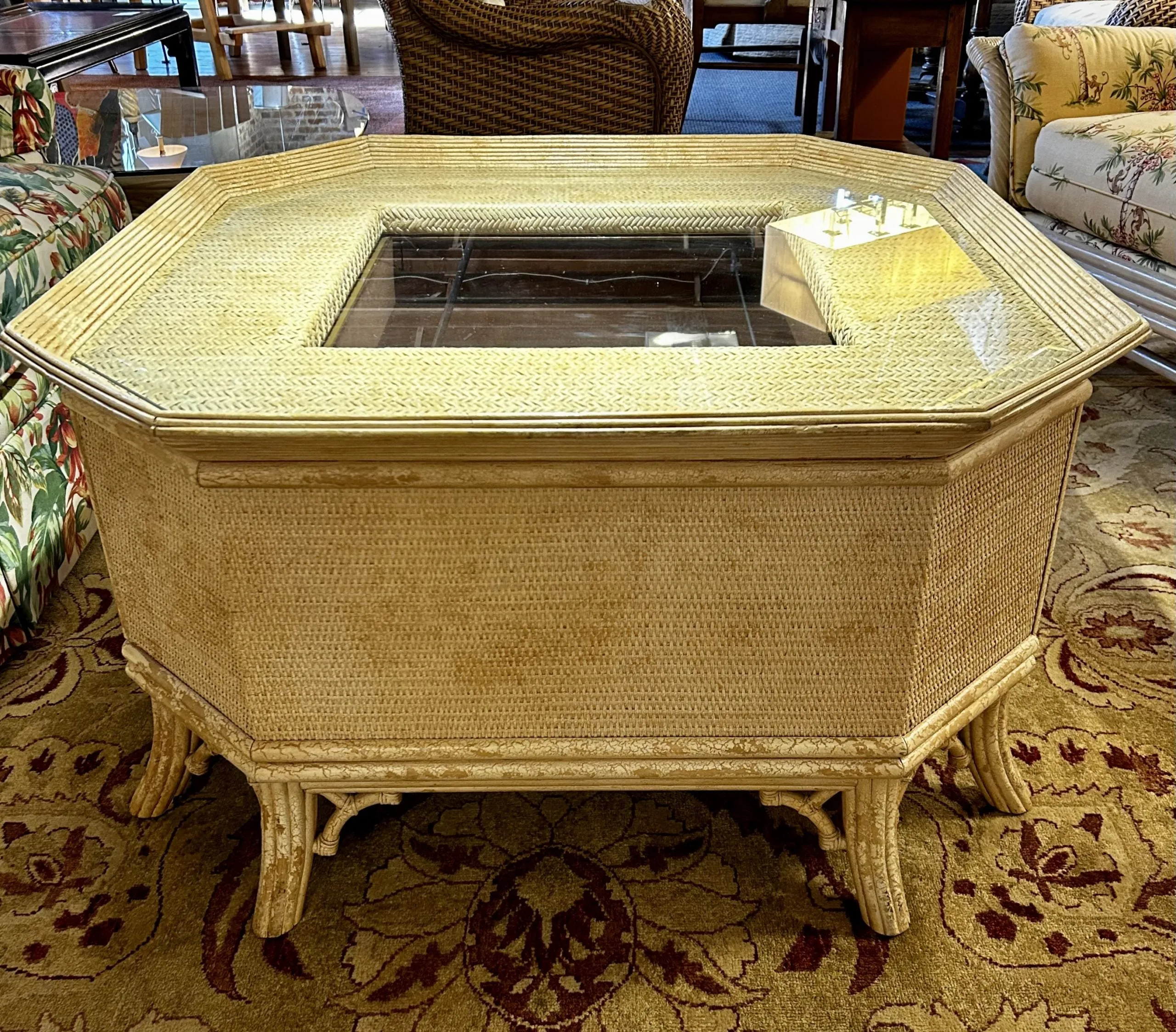 Coffee Table, Wicker, Semi-Square, Drawers, Cream Color, Glass Top