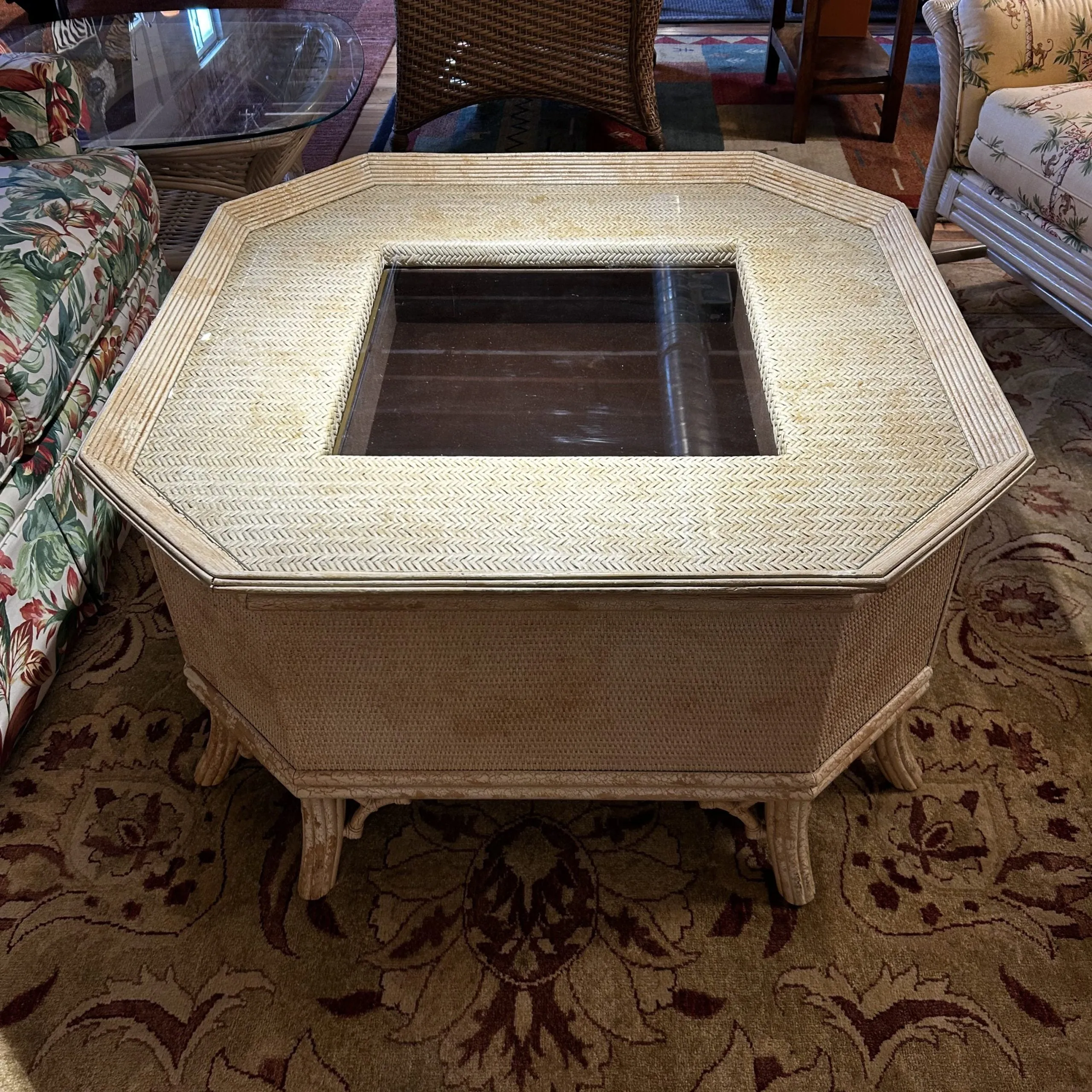 Coffee Table, Wicker, Semi-Square, Drawers, Cream Color, Glass Top
