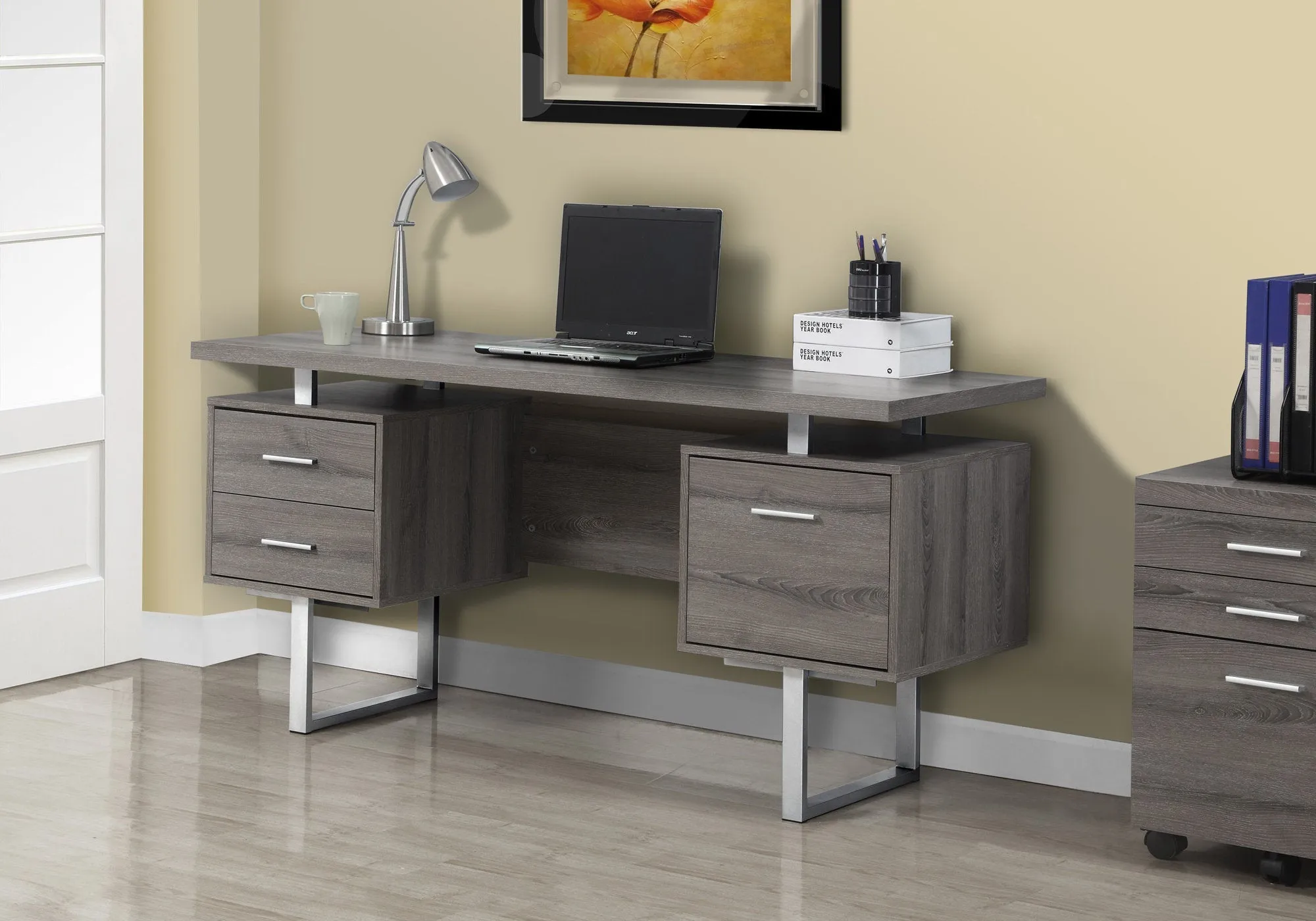Computer Desk - 60"L / Dark Taupe / Silver Metal