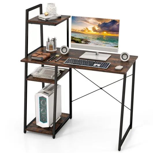 Computer Desk with Shelves and 3-Tier Storage Bookshelf-Brown
