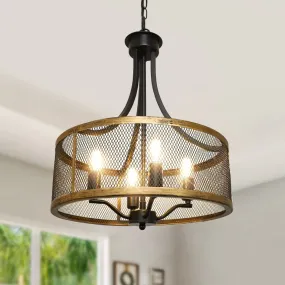 Depuley 4-Light Farmhouse Industrial Chandelier Lighting, Drum Hanging Pendant Light Fixture with Antique Gold and Matte Black for Dining Room Kitchen Living Room, Height Adjustable