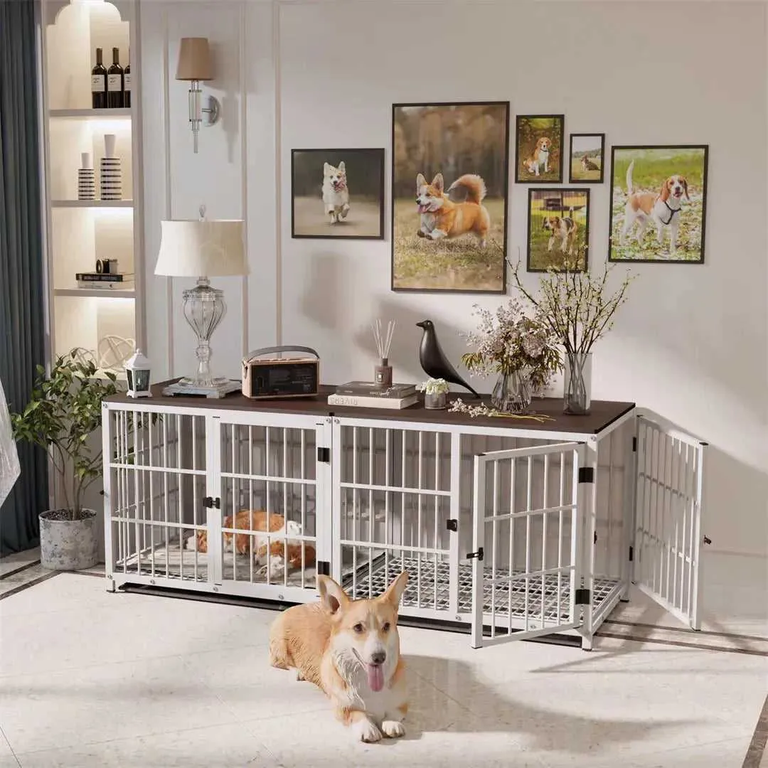 Dog Crate Furniture White Pet Kennel Black Cage End Table with Three Doors and Removable Tray, for Small Medium Large Dogs