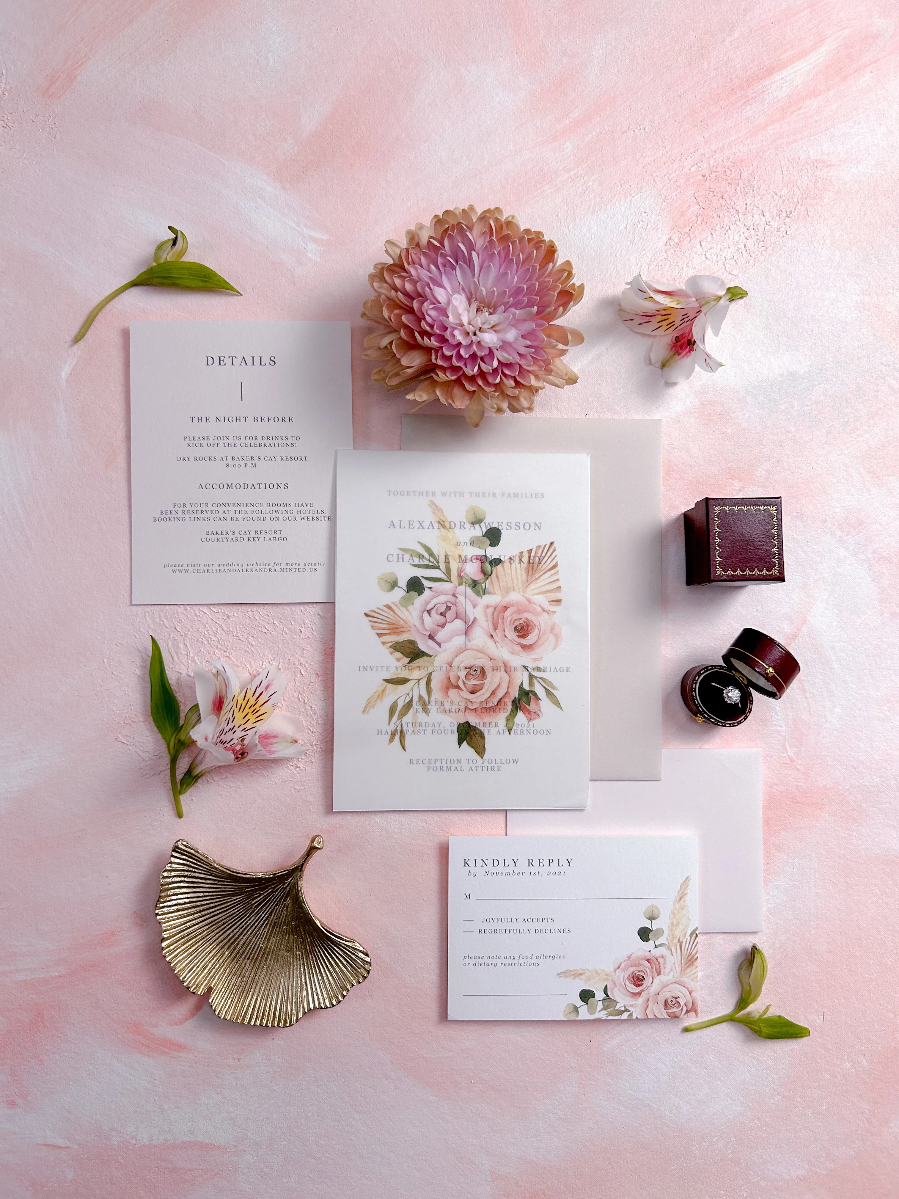 Hand painted, rollable styling mat for wedding photography|Coral