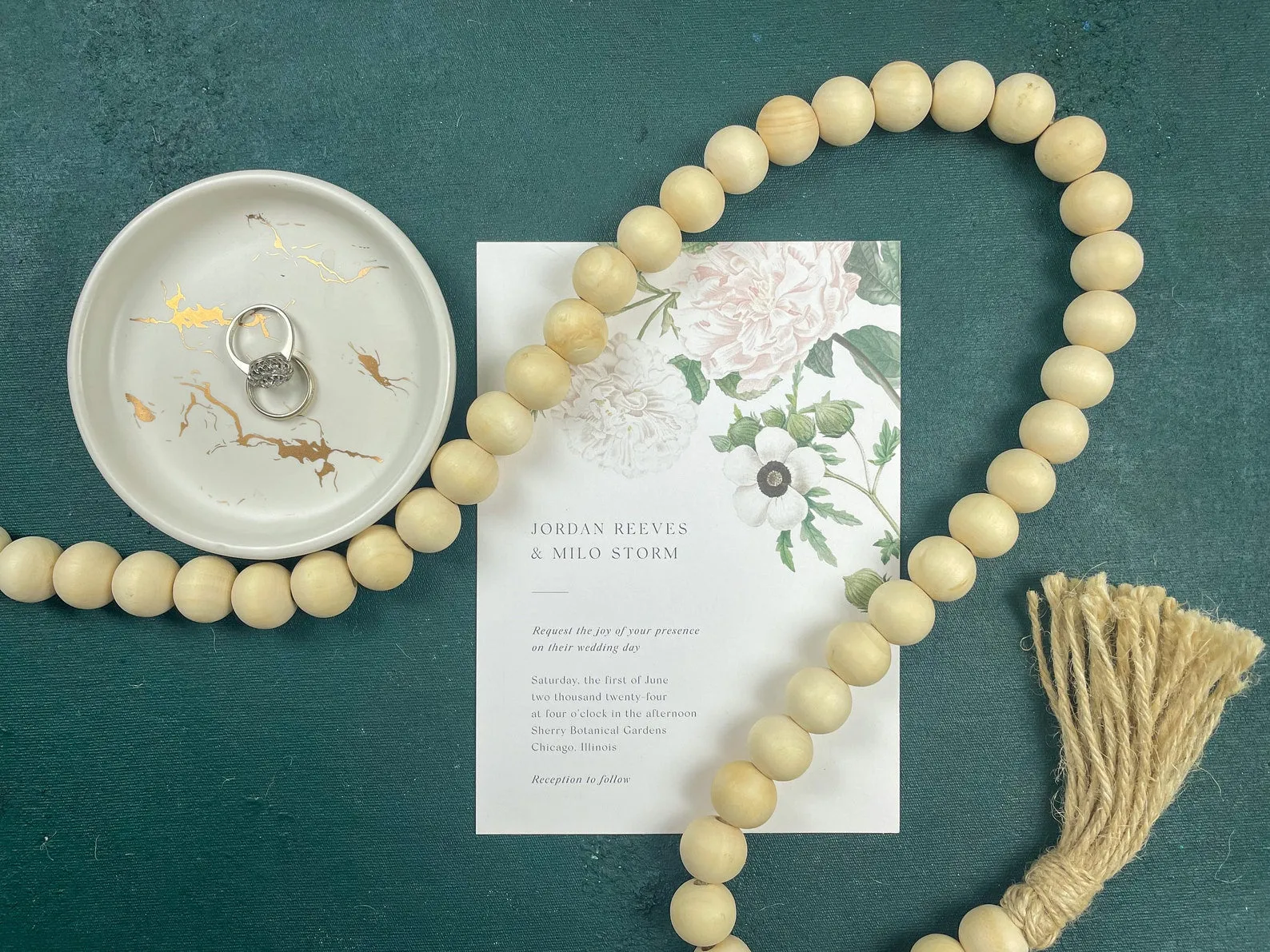 Hand painted, rollable styling mat for wedding photography|forest green