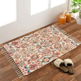 HOMA DORN Homadorn Handmade Sustainable Printed Modern Dhurrie/Rugs/Carpet Recycled Fabric for Living Room/Bedside Runner for Enhanced Decor (2 feet x 3 feet, Cream Floral)