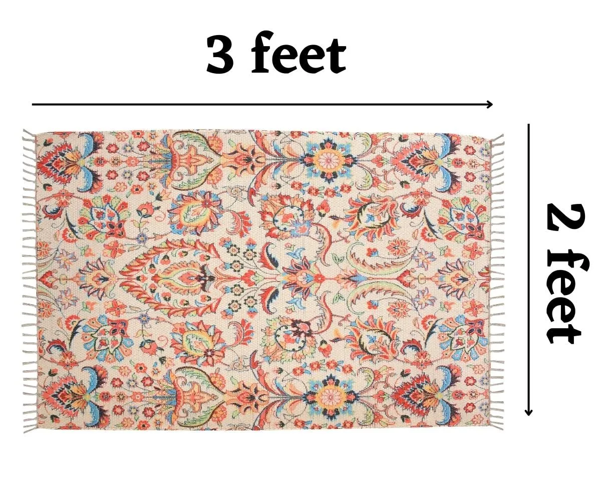 HOMA DORN Homadorn Handmade Sustainable Printed Modern Dhurrie/Rugs/Carpet Recycled Fabric for Living Room/Bedside Runner for Enhanced Decor (2 feet x 3 feet, Cream Floral)