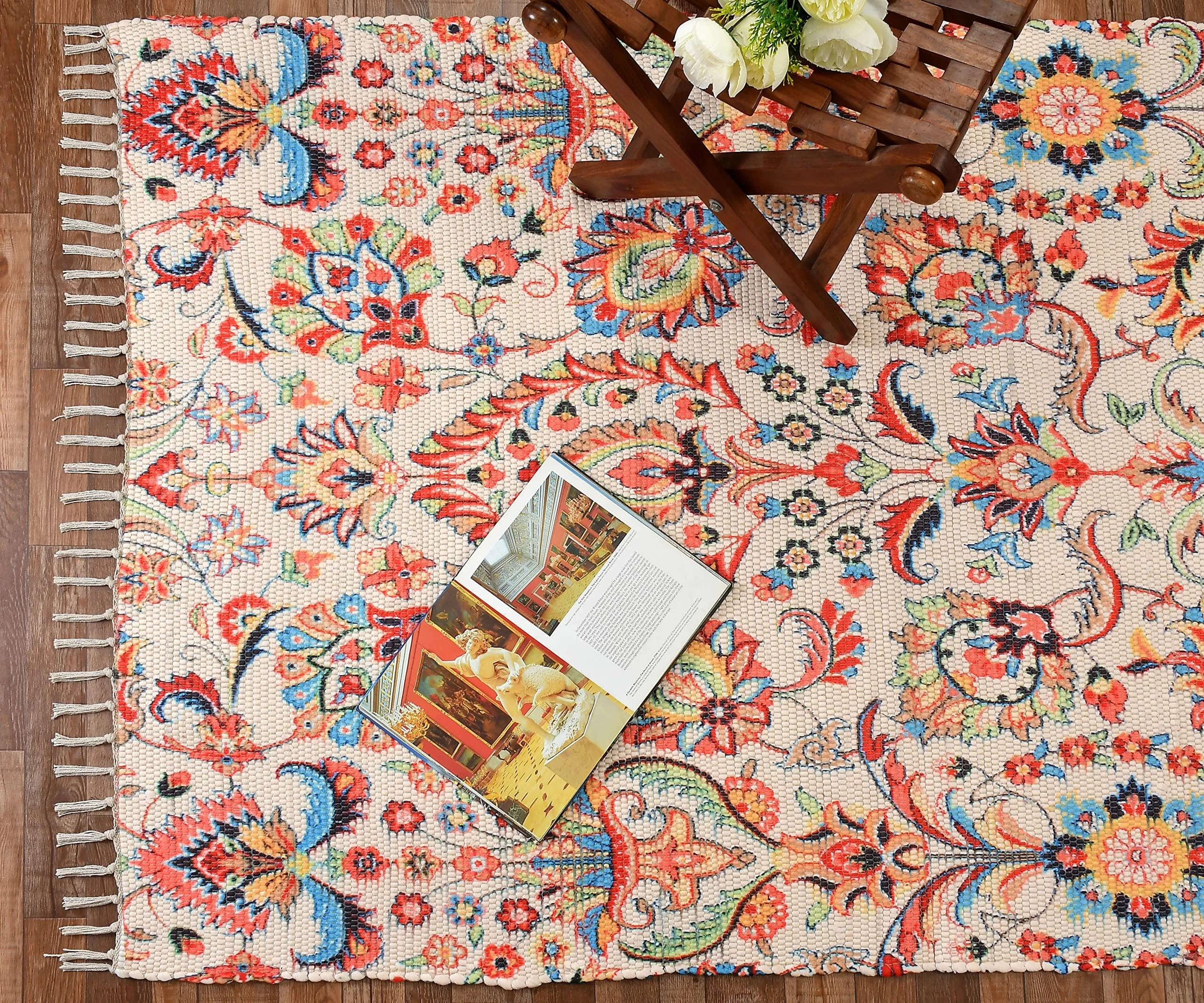 HOMA DORN Homadorn Handmade Sustainable Printed Modern Dhurrie/Rugs/Carpet Recycled Fabric for Living Room/Bedside Runner for Enhanced Decor (2 feet x 3 feet, Cream Floral)