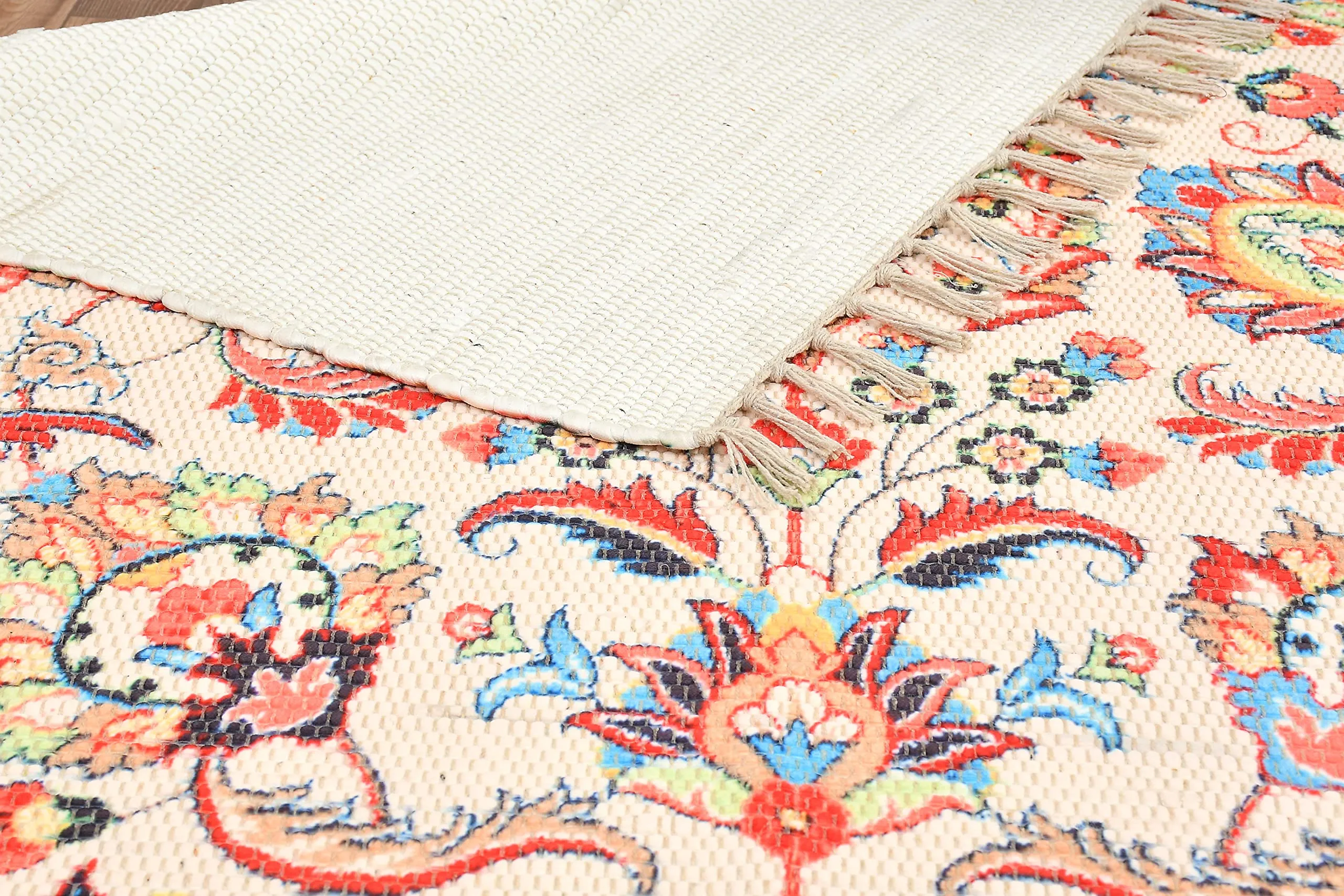 HOMA DORN Homadorn Handmade Sustainable Printed Modern Dhurrie/Rugs/Carpet Recycled Fabric for Living Room/Bedside Runner for Enhanced Decor (2 feet x 3 feet, Cream Floral)