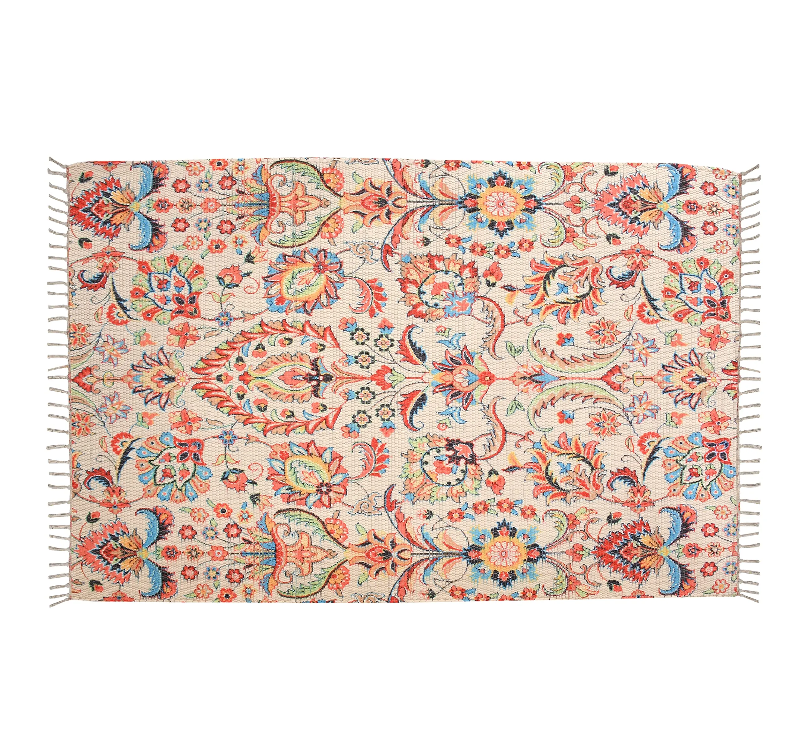 HOMA DORN Homadorn Handmade Sustainable Printed Modern Dhurrie/Rugs/Carpet Recycled Fabric for Living Room/Bedside Runner for Enhanced Decor (2 feet x 3 feet, Cream Floral)