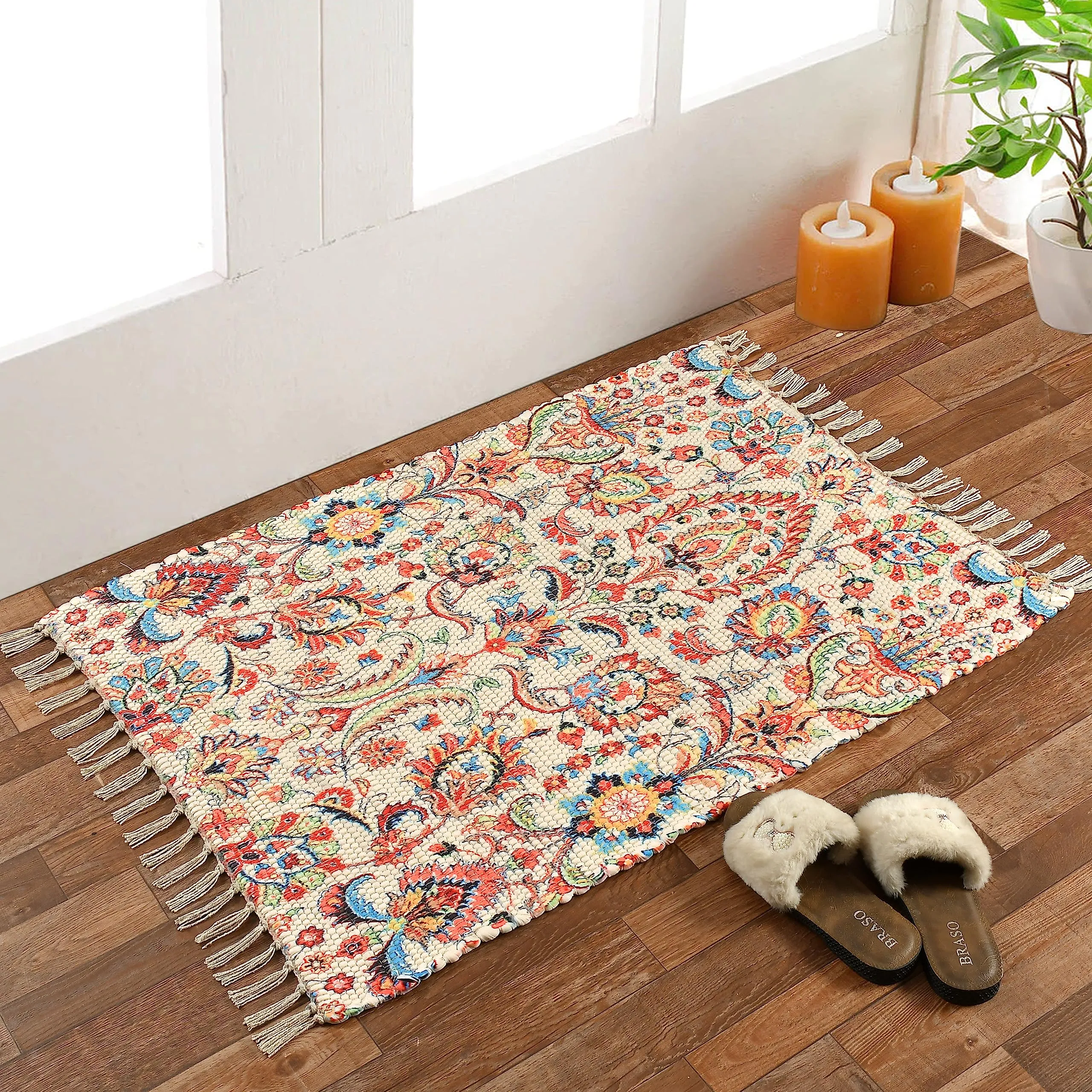 HOMA DORN Homadorn Handmade Sustainable Printed Modern Dhurrie/Rugs/Carpet Recycled Fabric for Living Room/Bedside Runner for Enhanced Decor (2 feet x 3 feet, Cream Floral)