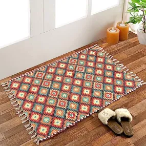 HOMA DORN Homadorn Handmade Sustainable Printed Modern Dhurrie/Rugs/Carpet Recycled Fabric for Living Room/Bedside Runner for Enhanced Decor (2 feet x 3 feet, Orange Geometric)