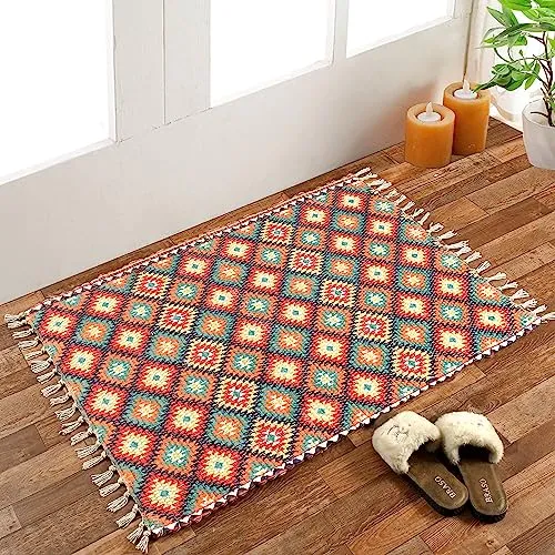HOMA DORN Homadorn Handmade Sustainable Printed Modern Dhurrie/Rugs/Carpet Recycled Fabric for Living Room/Bedside Runner for Enhanced Decor (2 feet x 3 feet, Orange Geometric)