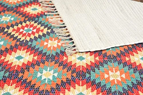 HOMA DORN Homadorn Handmade Sustainable Printed Modern Dhurrie/Rugs/Carpet Recycled Fabric for Living Room/Bedside Runner for Enhanced Decor (2 feet x 3 feet, Orange Geometric)