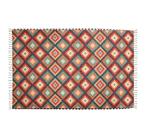 HOMA DORN Homadorn Handmade Sustainable Printed Modern Dhurrie/Rugs/Carpet Recycled Fabric for Living Room/Bedside Runner for Enhanced Decor (2 feet x 3 feet, Orange Geometric)
