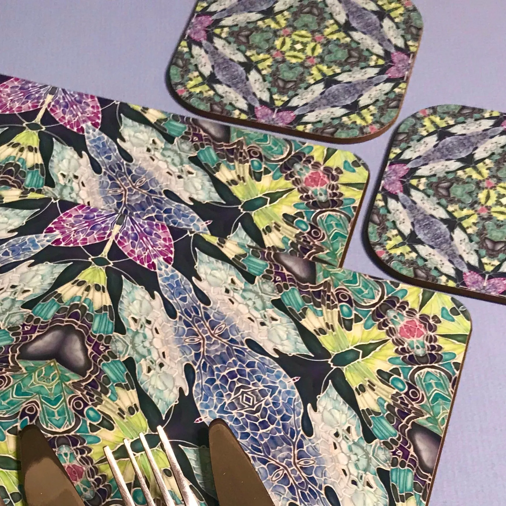 Kaleidoscope Butterfly Square Table Mats & Coasters - Lilac Charcoal Pink and Green Table Mats