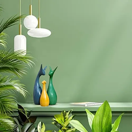 LIFEHAXTORE® Home Decor Lucky Deer Family Piano Gloss Finish Ceramic Figures - (Set of 3, Yellow, Blue, Green)