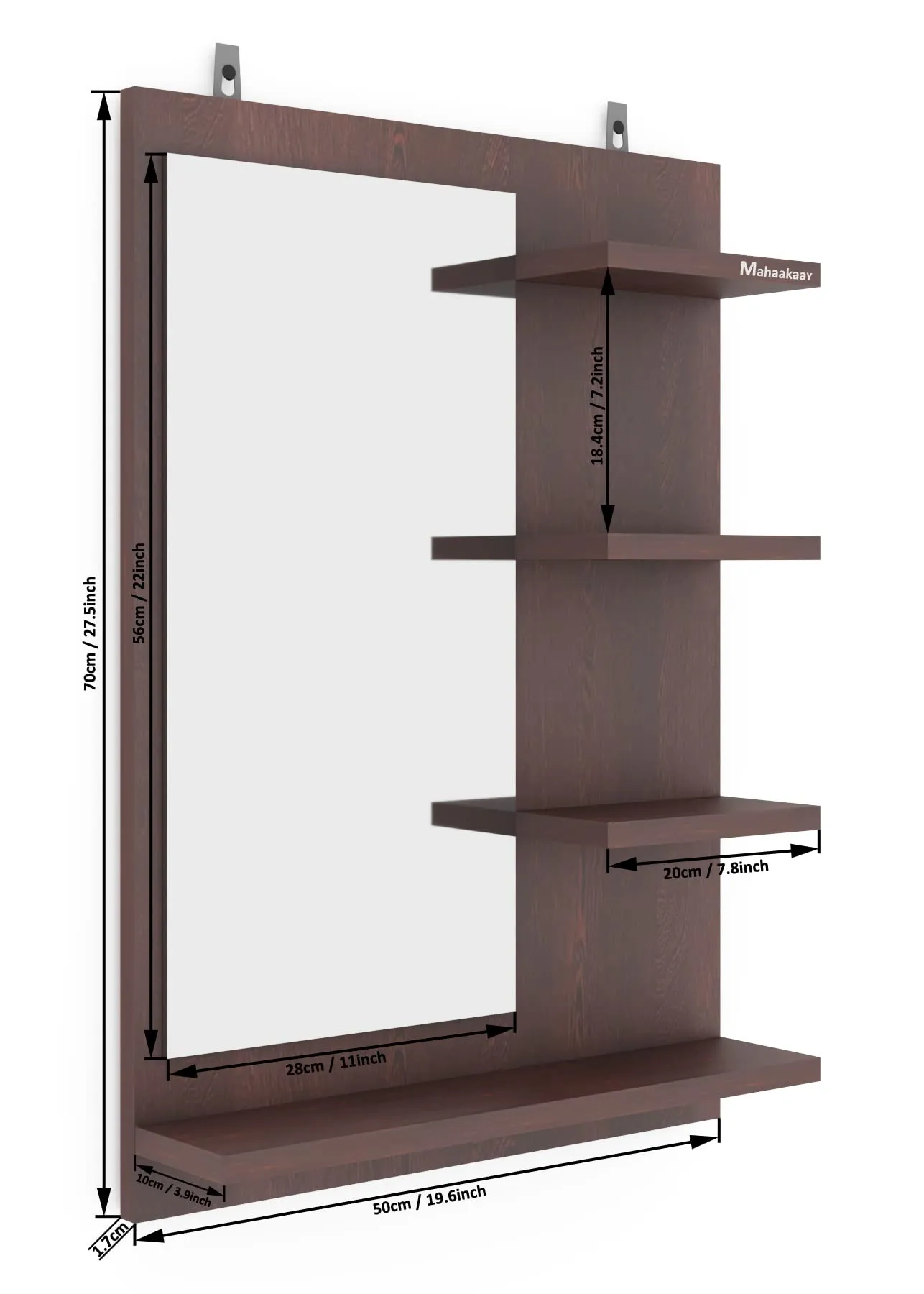 Mahaakaay Star Wall Mount Dressing Mirror with Shelf Engineered Wood Wenge Size70X50X10 cm