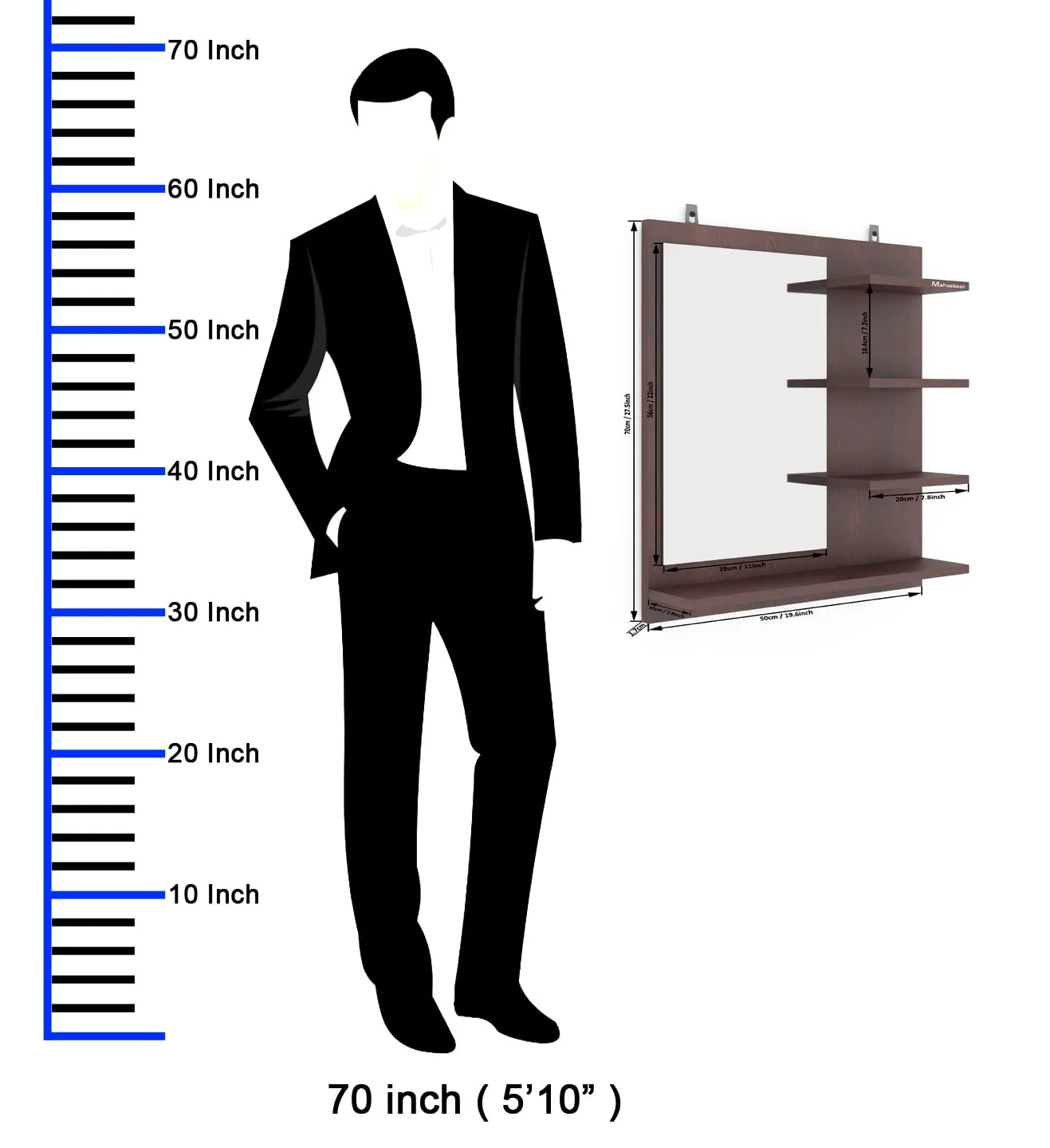 Mahaakaay Star Wall Mount Dressing Mirror with Shelf Engineered Wood Wenge Size70X50X10 cm