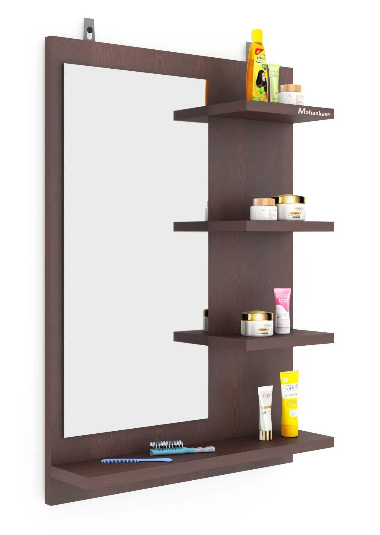 Mahaakaay Star Wall Mount Dressing Mirror with Shelf Engineered Wood Wenge Size70X50X10 cm