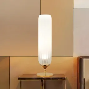 Modern Gold LED Bedside Glass Desk Lamp: White Ribbed Cylinder Night Table Light