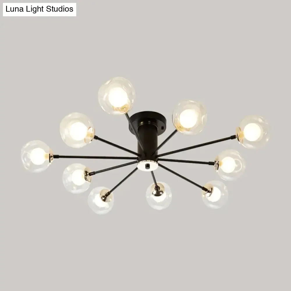 Modern Iron Sputnik Ceiling Lamp with Clear Glass Shades - Black/White, 8/10 Lights
