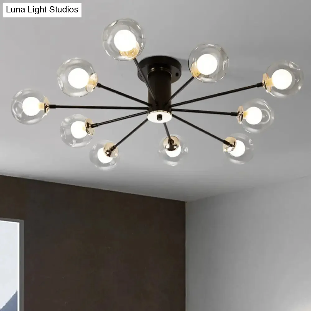 Modern Iron Sputnik Ceiling Lamp with Clear Glass Shades - Black/White, 8/10 Lights