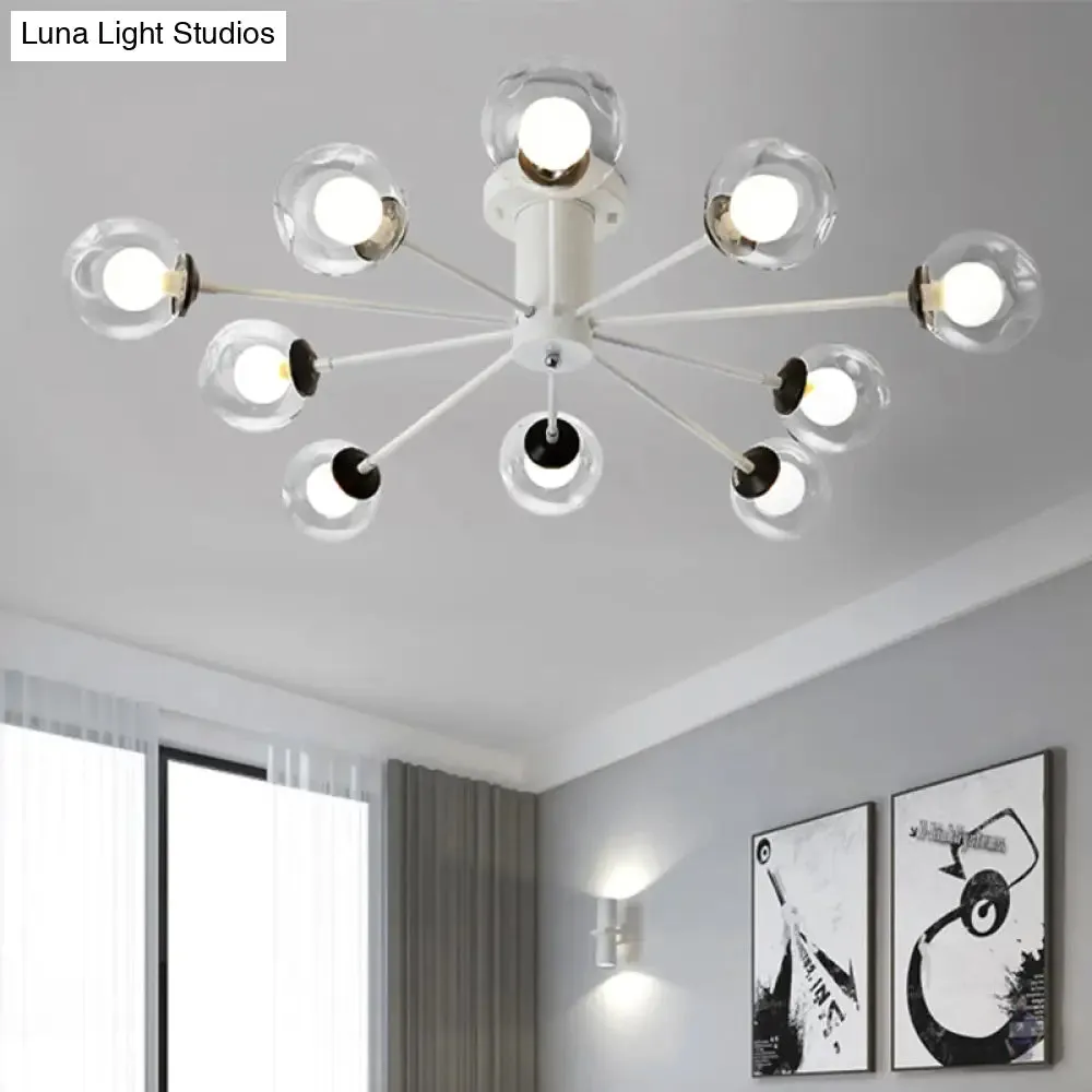 Modern Iron Sputnik Ceiling Lamp with Clear Glass Shades - Black/White, 8/10 Lights