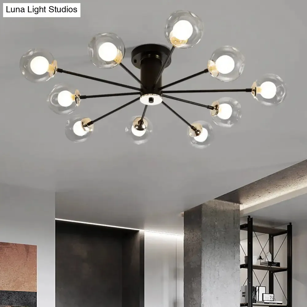 Modern Iron Sputnik Ceiling Lamp with Clear Glass Shades - Black/White, 8/10 Lights