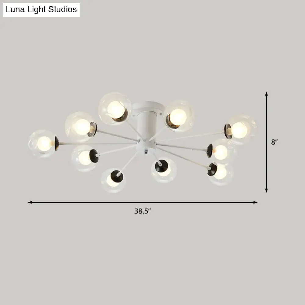 Modern Iron Sputnik Ceiling Lamp with Clear Glass Shades - Black/White, 8/10 Lights