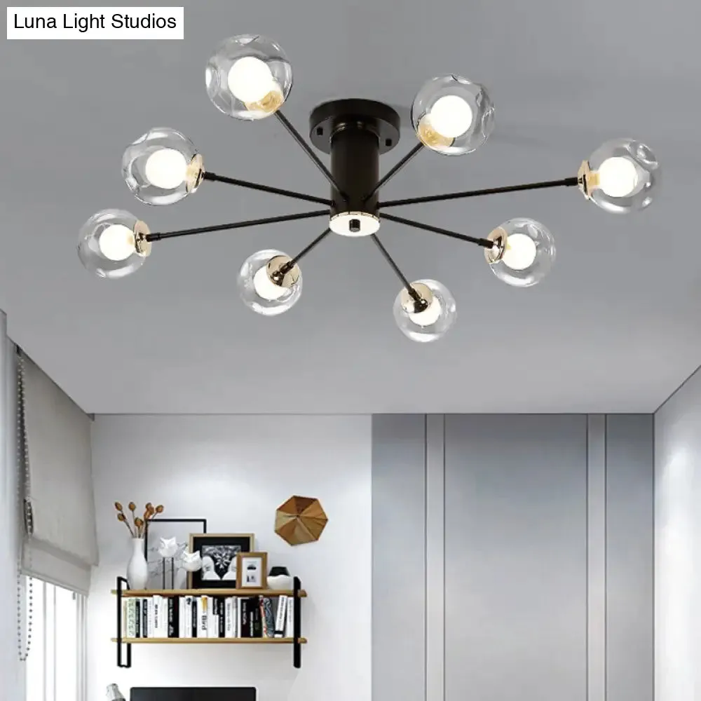 Modern Iron Sputnik Ceiling Lamp with Clear Glass Shades - Black/White, 8/10 Lights