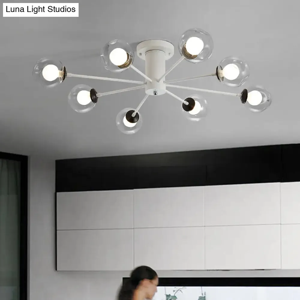 Modern Iron Sputnik Ceiling Lamp with Clear Glass Shades - Black/White, 8/10 Lights