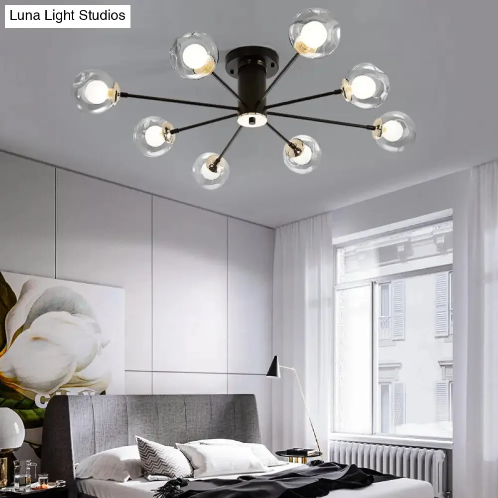 Modern Iron Sputnik Ceiling Lamp with Clear Glass Shades - Black/White, 8/10 Lights
