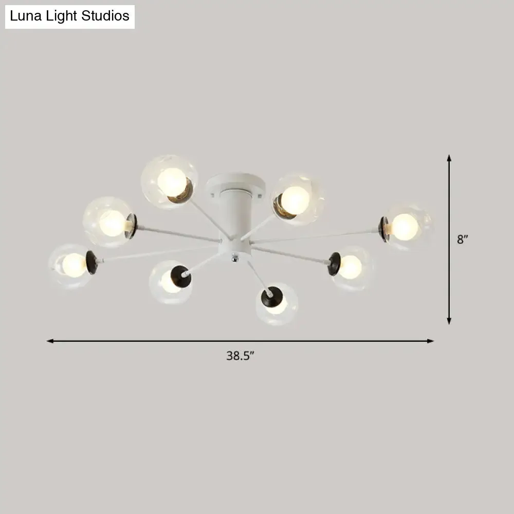 Modern Iron Sputnik Ceiling Lamp with Clear Glass Shades - Black/White, 8/10 Lights