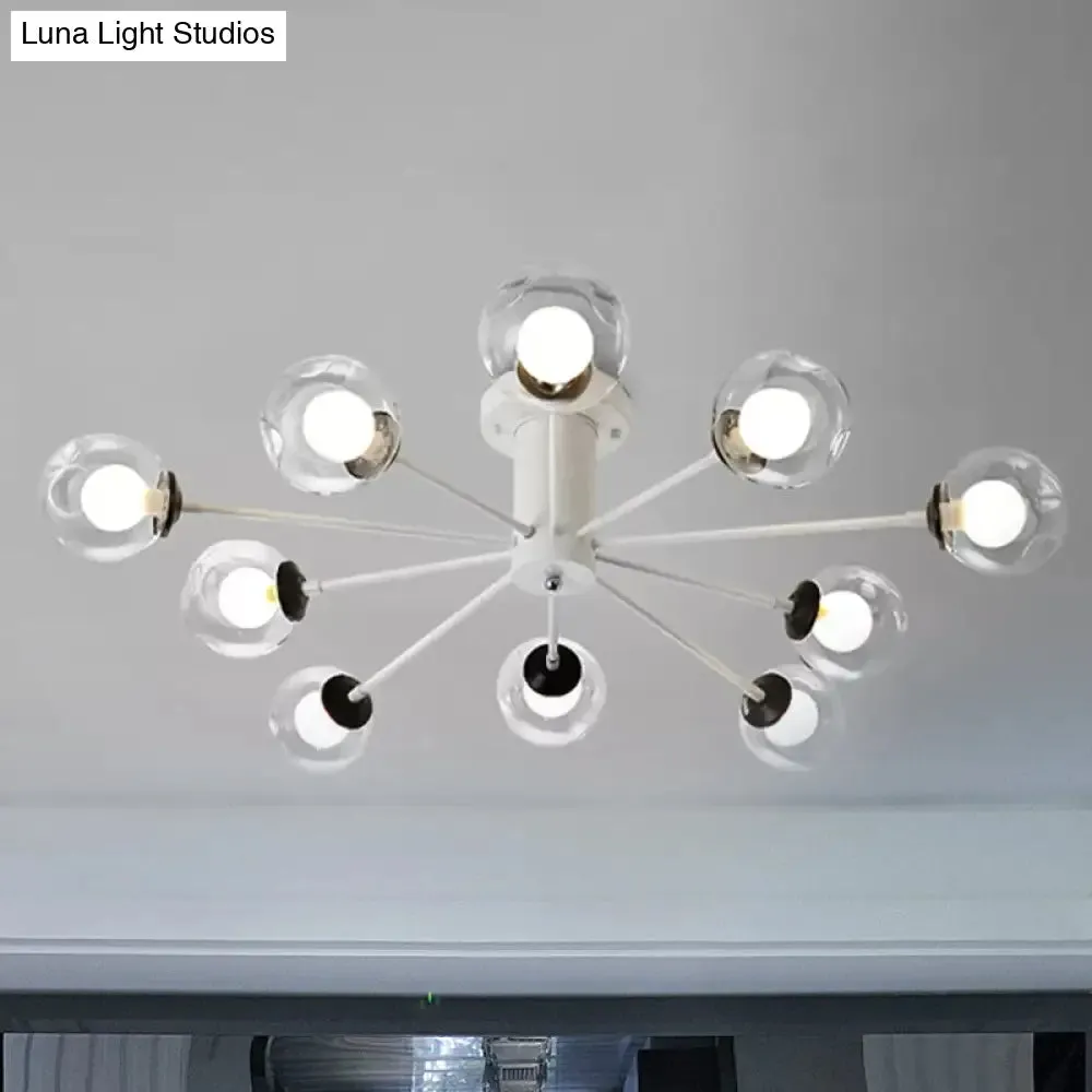 Modern Iron Sputnik Ceiling Lamp with Clear Glass Shades - Black/White, 8/10 Lights