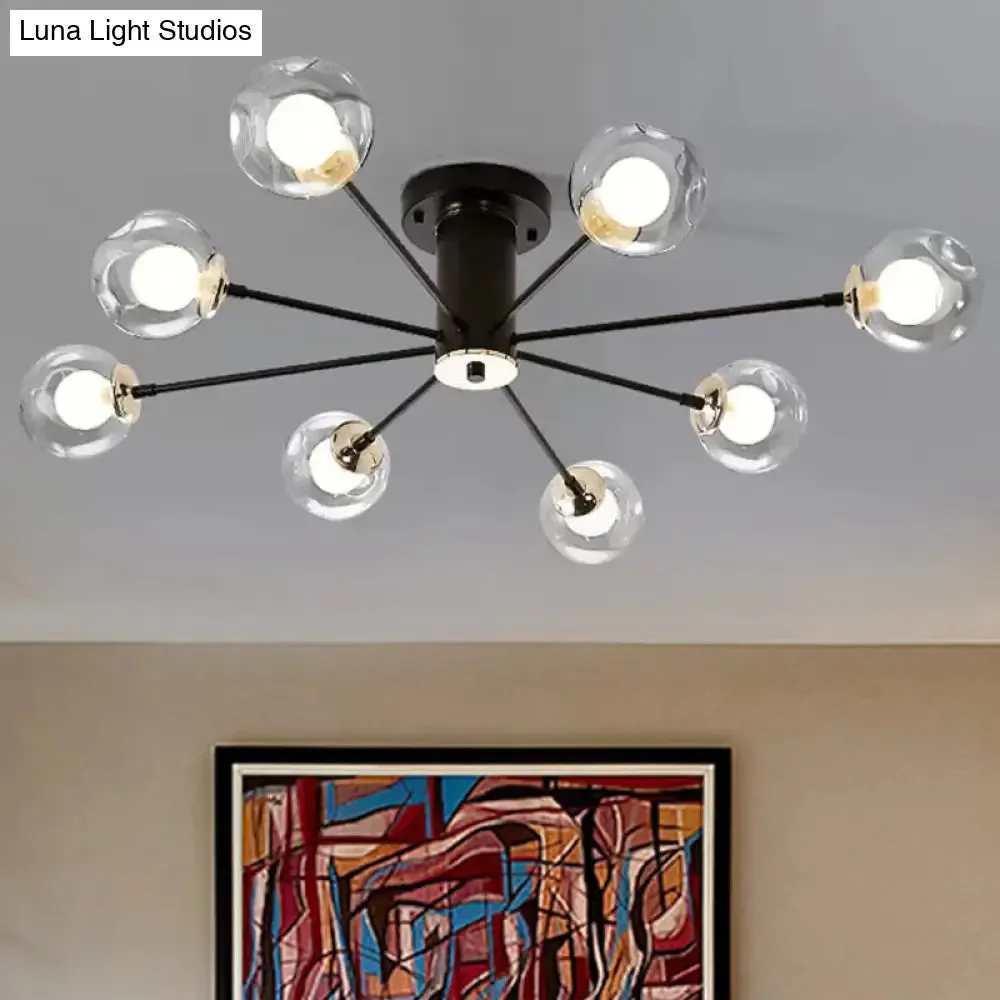 Modern Iron Sputnik Ceiling Lamp with Clear Glass Shades - Black/White, 8/10 Lights