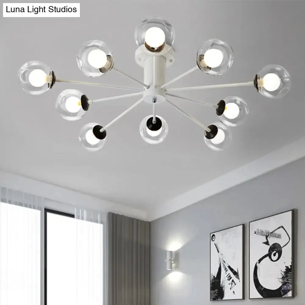 Modern Iron Sputnik Ceiling Lamp with Clear Glass Shades - Black/White, 8/10 Lights