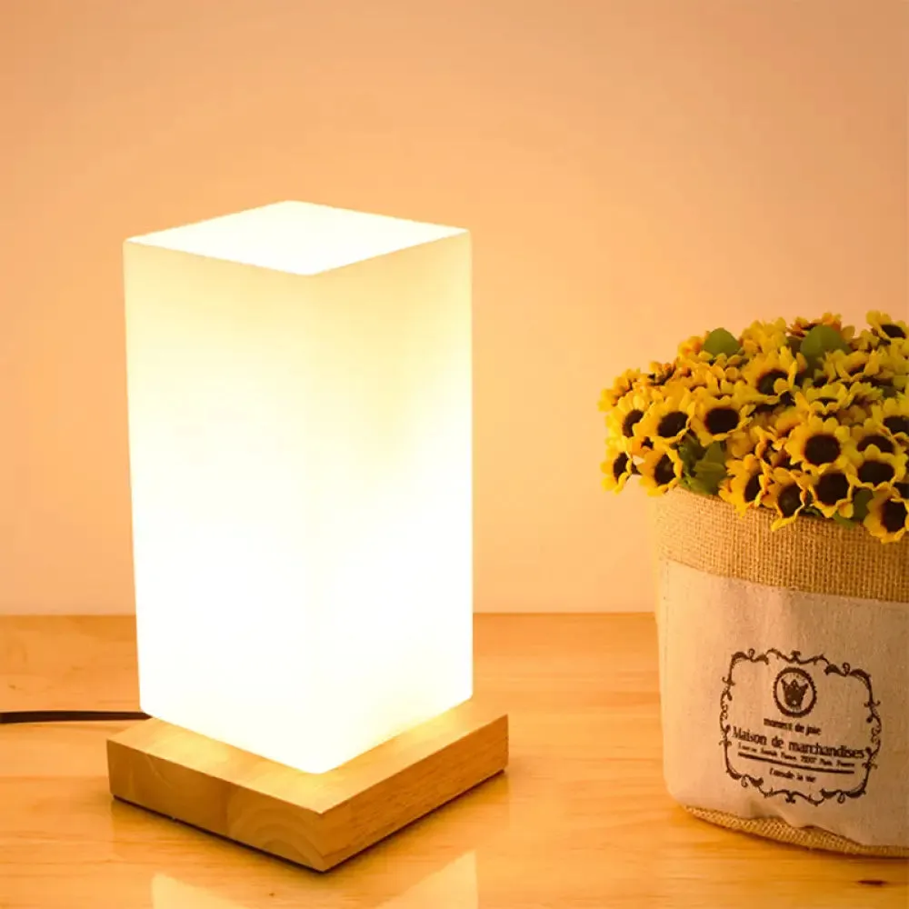 Modern Opal Glass Bedroom Reading Lamp - Black Rectangle Desk Lighting with Wooden Base