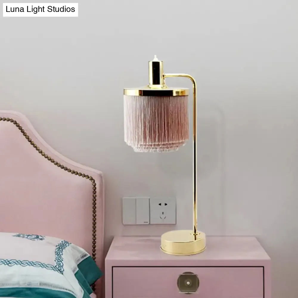 Modernist Pink Fabric Desk Lamp with Gold Arm - Tassels, 1 Head - Ideal for Bedside or Night Table