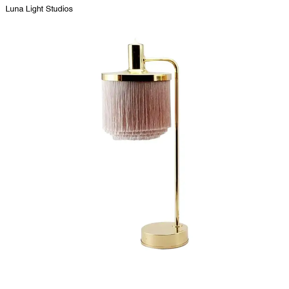 Modernist Pink Fabric Desk Lamp with Gold Arm - Tassels, 1 Head - Ideal for Bedside or Night Table