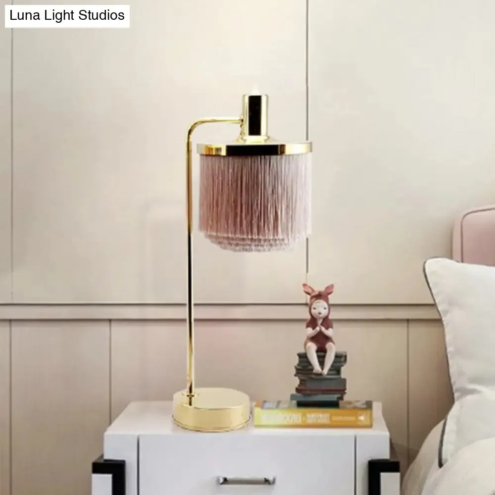 Modernist Pink Fabric Desk Lamp with Gold Arm - Tassels, 1 Head - Ideal for Bedside or Night Table