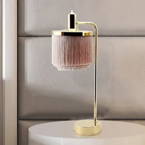 Modernist Pink Fabric Desk Lamp with Gold Arm - Tassels, 1 Head - Ideal for Bedside or Night Table