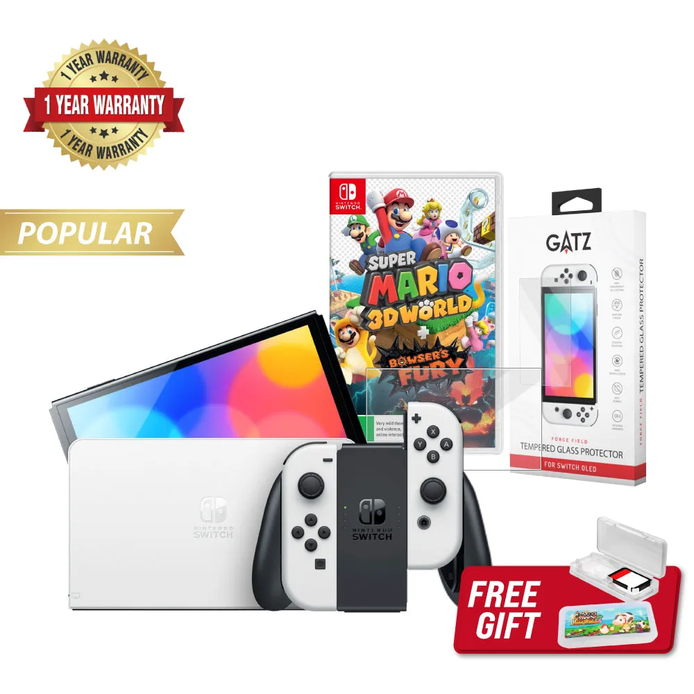 Nintendo Switch OLED Console (White)   1 Game   Screen Protector Bundle