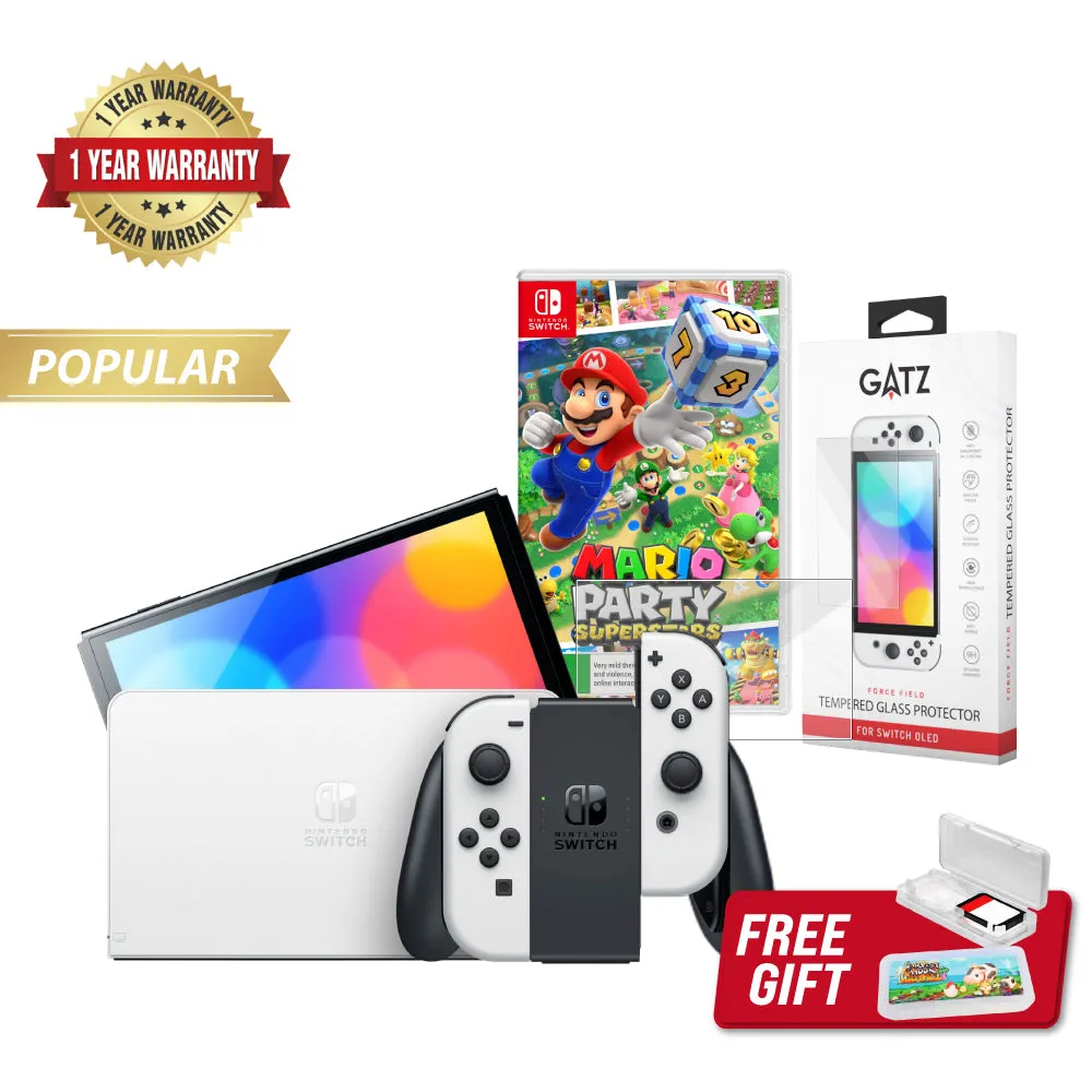 Nintendo Switch OLED Console (White)   1 Game   Screen Protector Bundle
