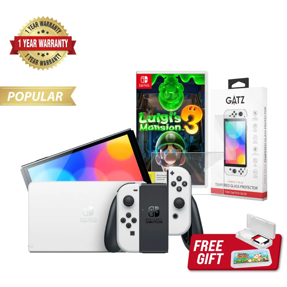 Nintendo Switch OLED Console (White)   1 Game   Screen Protector Bundle