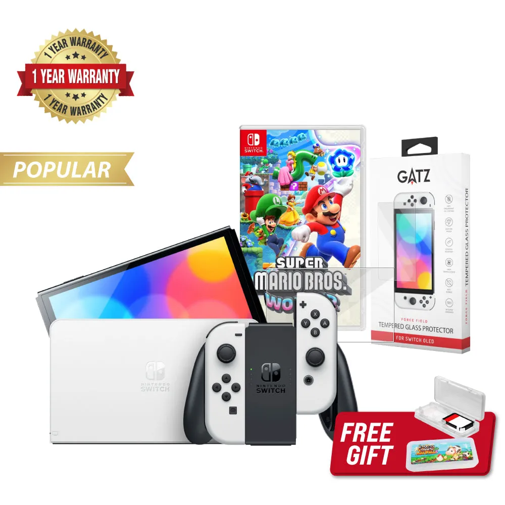 Nintendo Switch OLED Console (White)   1 Game   Screen Protector Bundle
