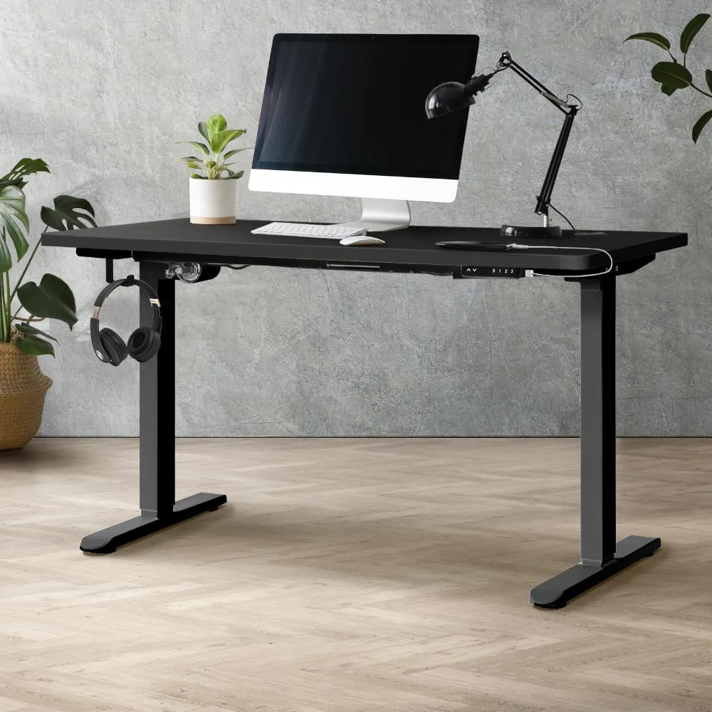 Oikiture Standing Desk Electric Height Adjustable Motorised Sit Stand Desk Rise - Black/Black - 1400mm x 700mm