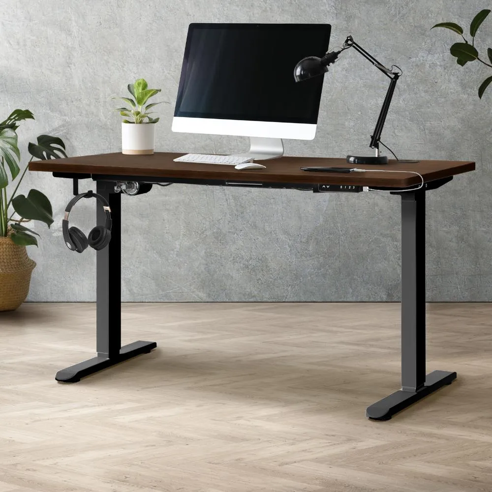 Oikiture Standing Desk Electric Height Adjustable Motorised Sit Stand Desk Rise - Black/Walnut - 1400mm x 700mm