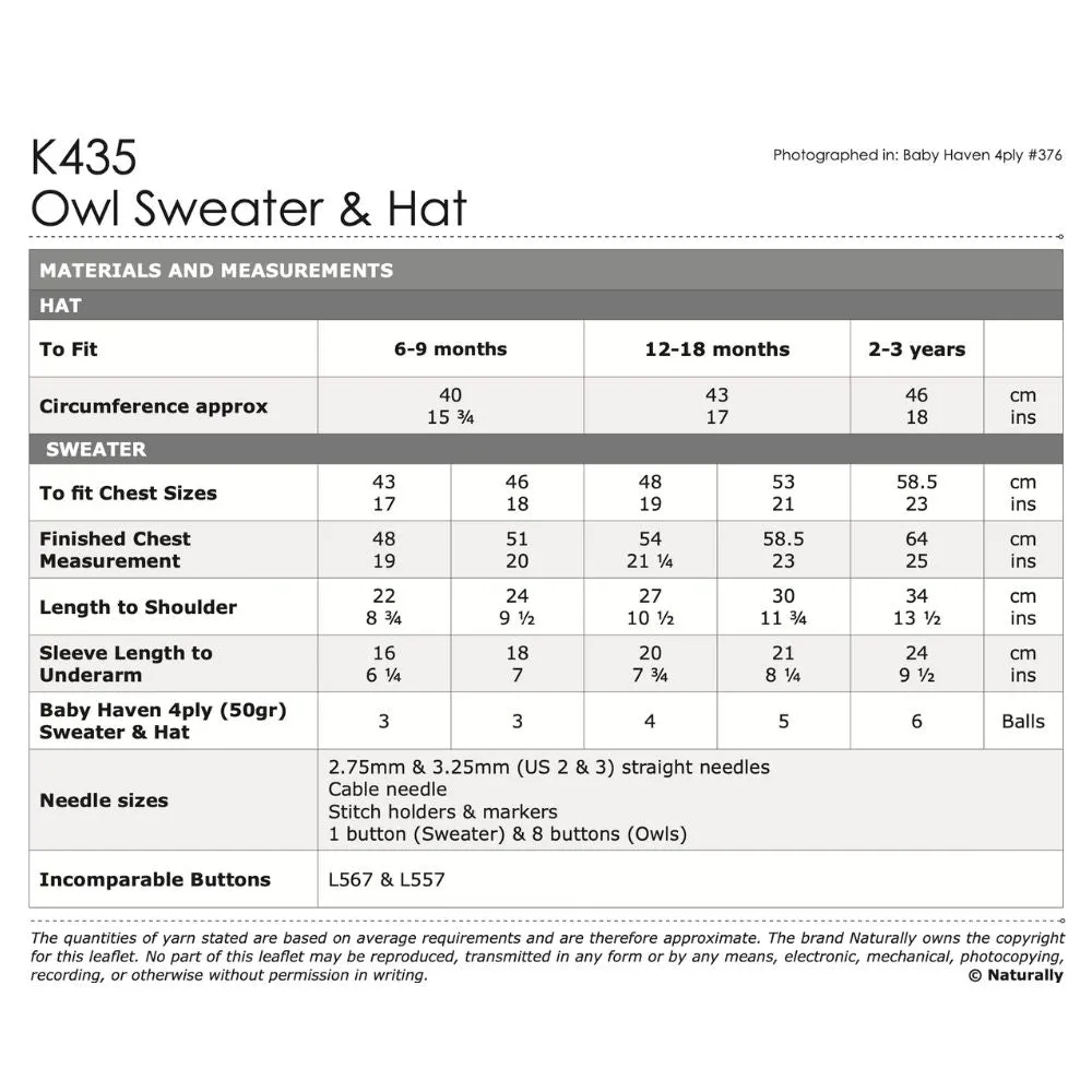 Owl Sweater & Hat Knitting Knitting Pattern (K435)
