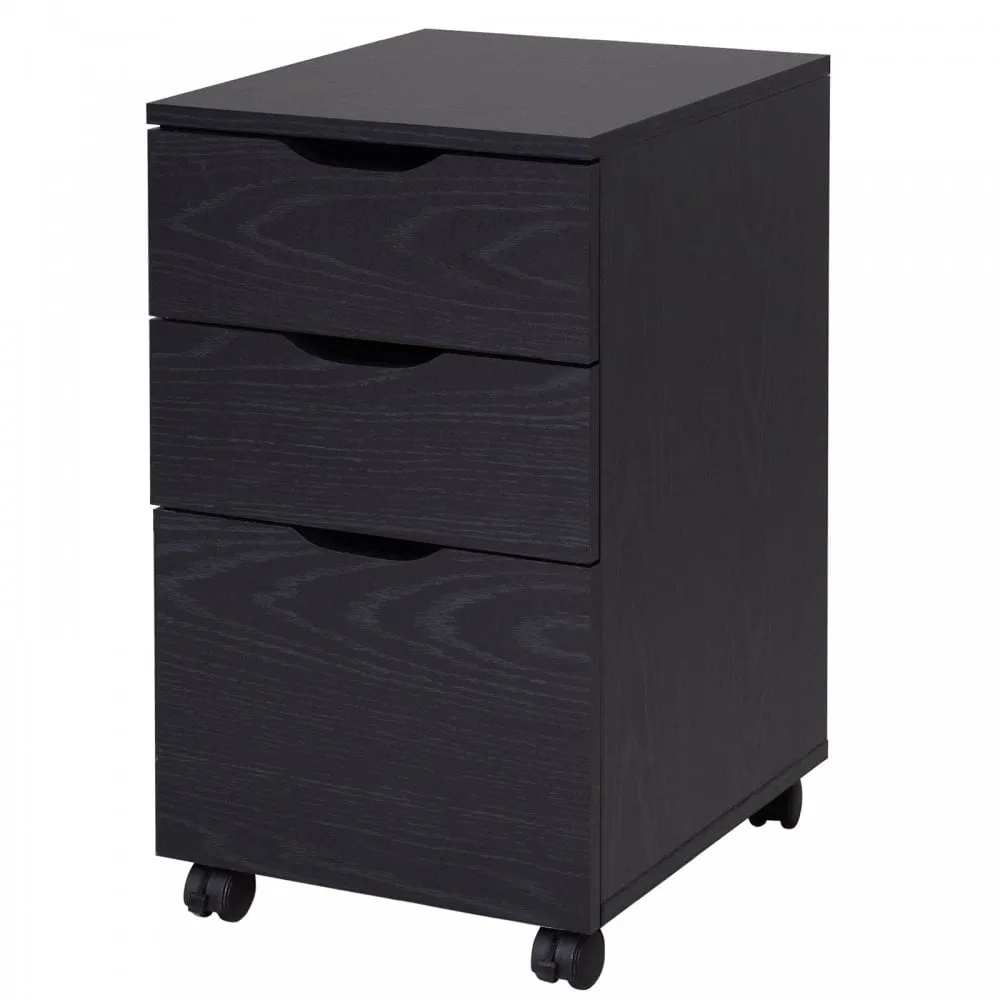 Particle Board 3-Drawer Home Office File Cabinet w/ Wheels Black Oak Tone