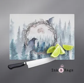 Poe Inspired Watercolor Forest Moon Raven Cutting Boards